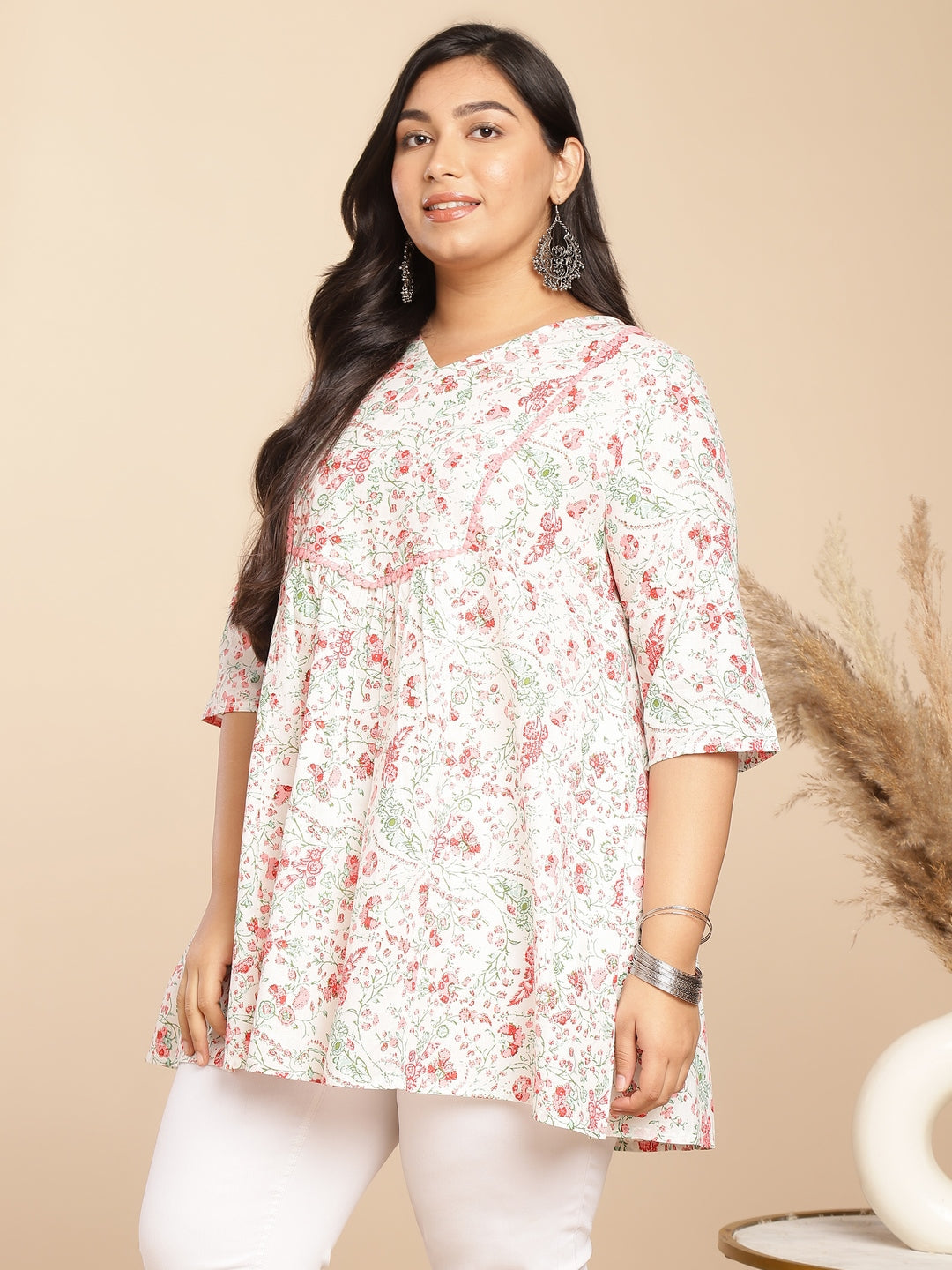 Janasya A-Line Cambric White Floral V-Neck Tunic | Grocsy