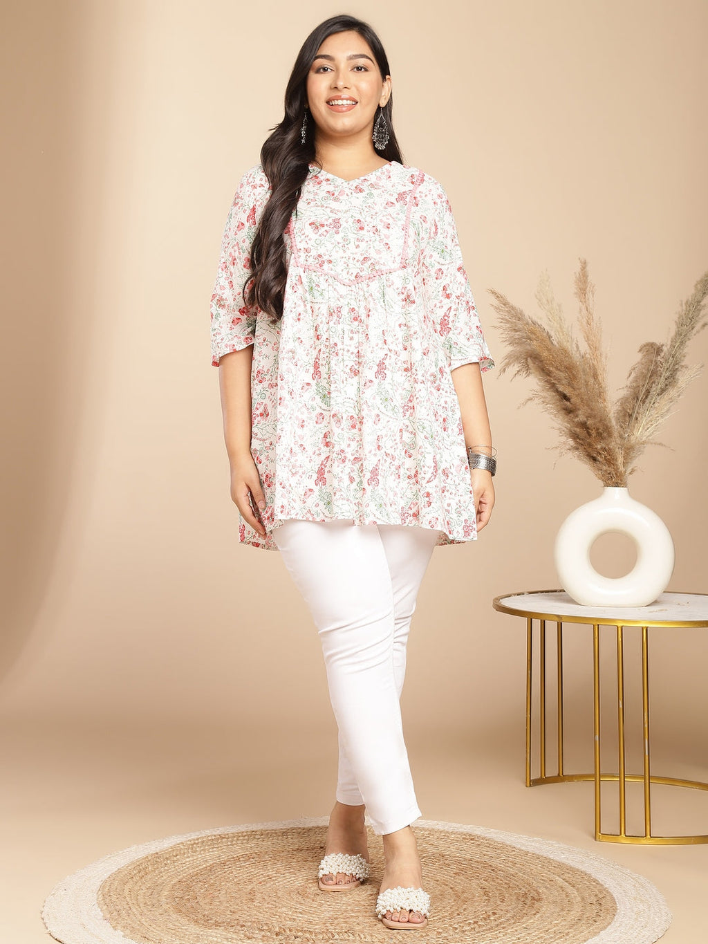Janasya A-Line Cambric White Floral V-Neck Tunic | Grocsy