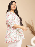 Janasya A-Line Cambric White Floral V-Neck Tunic | Grocsy