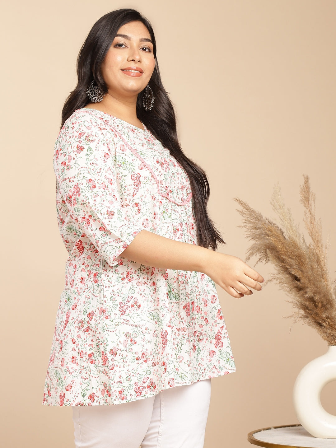 Janasya A-Line Cambric White Floral V-Neck Tunic | Grocsy
