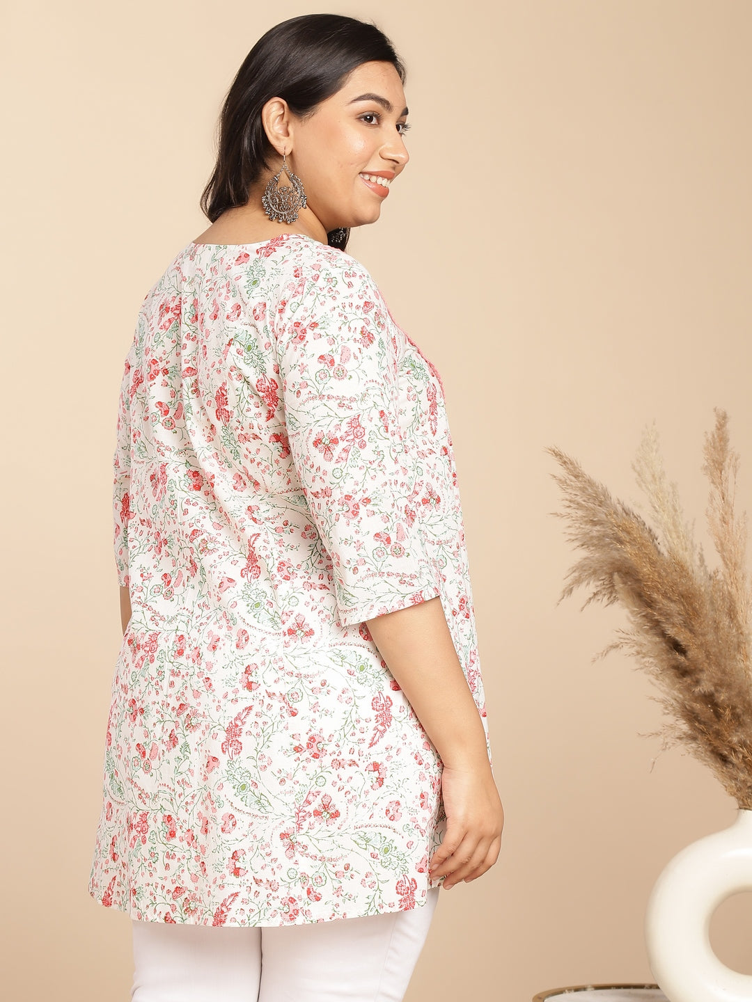 Janasya A-Line Cambric White Floral V-Neck Tunic | Grocsy