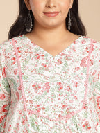 Janasya A-Line Cambric White Floral V-Neck Tunic | Grocsy