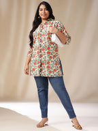 Janasya Regular Cambric Cream Floral Shirt Collar Tunic | Grocsy