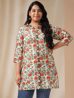 Janasya Regular Cambric Cream Floral Shirt Collar Tunic | Grocsy