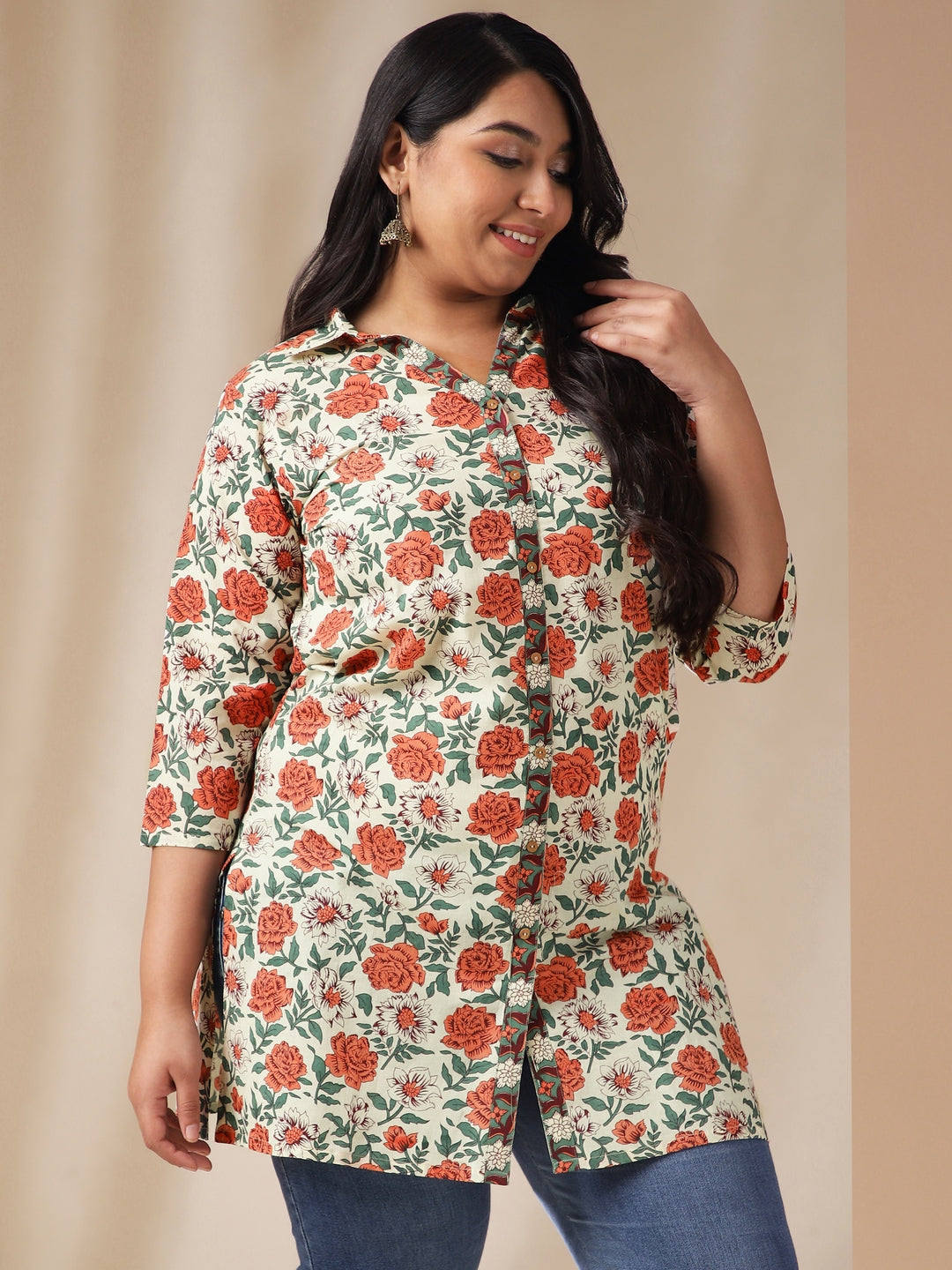 Janasya Regular Cambric Cream Floral Shirt Collar Tunic | Grocsy