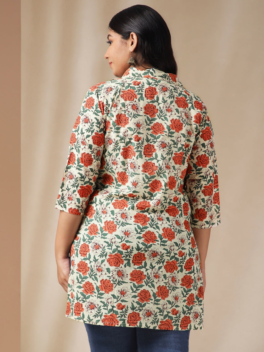 Janasya Regular Cambric Cream Floral Shirt Collar Tunic | Grocsy