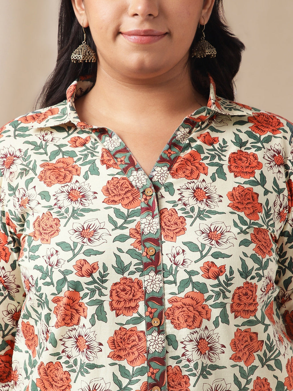 Janasya Regular Cambric Cream Floral Shirt Collar Tunic | Grocsy