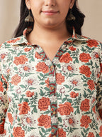 Janasya Regular Cambric Cream Floral Shirt Collar Tunic | Grocsy