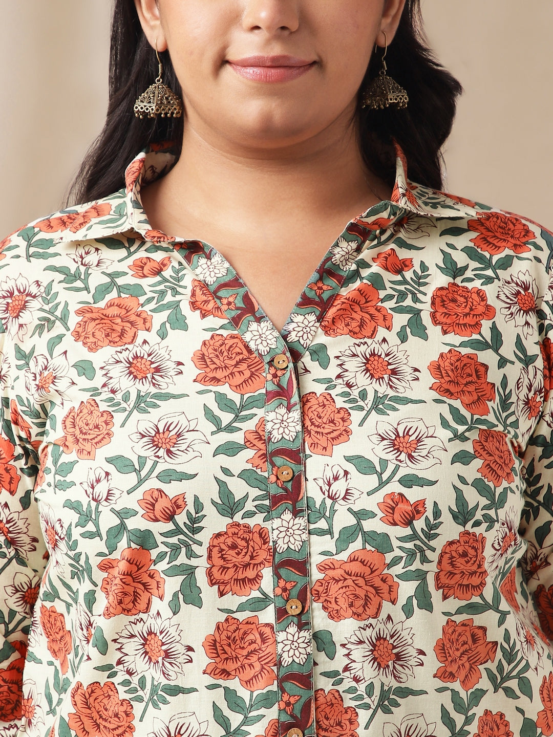 Janasya Regular Cambric Cream Floral Shirt Collar Tunic | Grocsy