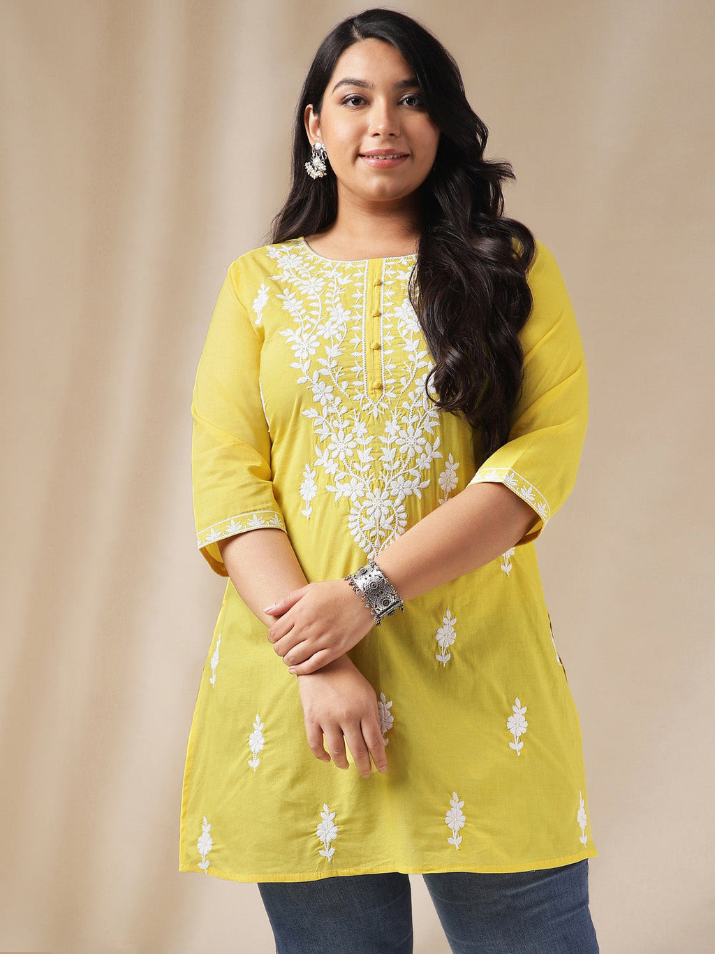 Janasya Regular N/A Yellow Embroidered Round Neck Tunic | Grocsy