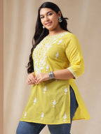 Janasya Regular N/A Yellow Embroidered Round Neck Tunic | Grocsy