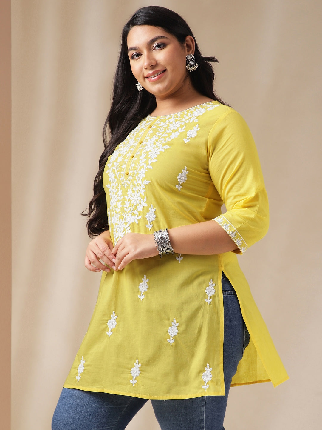 Janasya Regular N/A Yellow Embroidered Round Neck Tunic | Grocsy