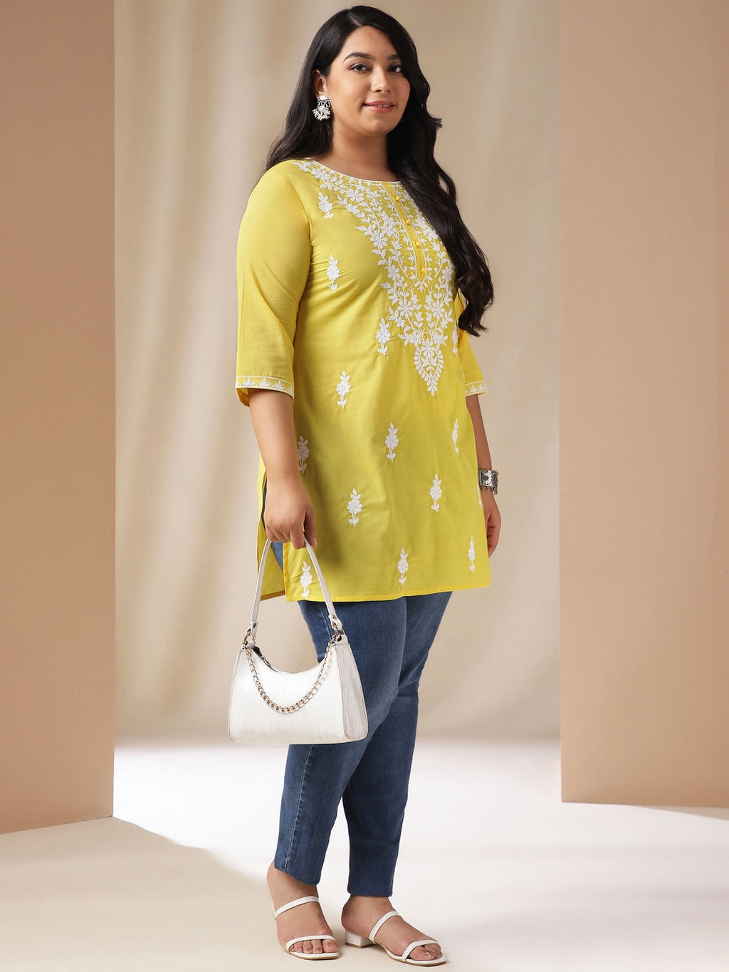 Janasya Regular N/A Yellow Embroidered Round Neck Tunic | Grocsy