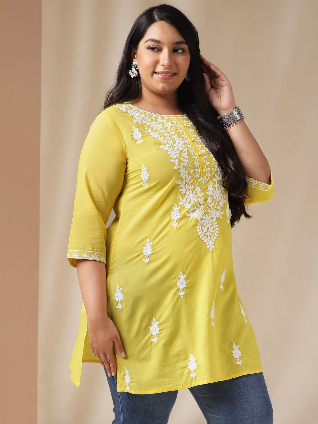 Janasya Regular N/A Yellow Embroidered Round Neck Tunic | Grocsy
