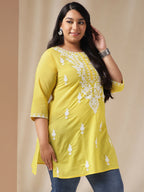 Janasya Regular N/A Yellow Embroidered Round Neck Tunic | Grocsy