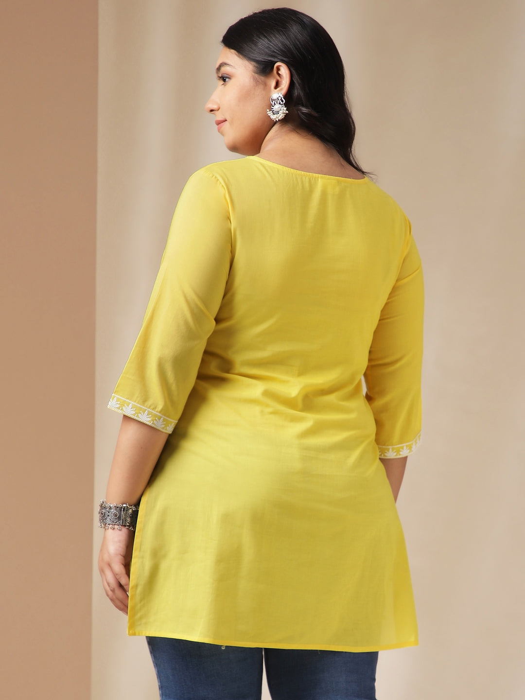 Janasya Regular N/A Yellow Embroidered Round Neck Tunic | Grocsy