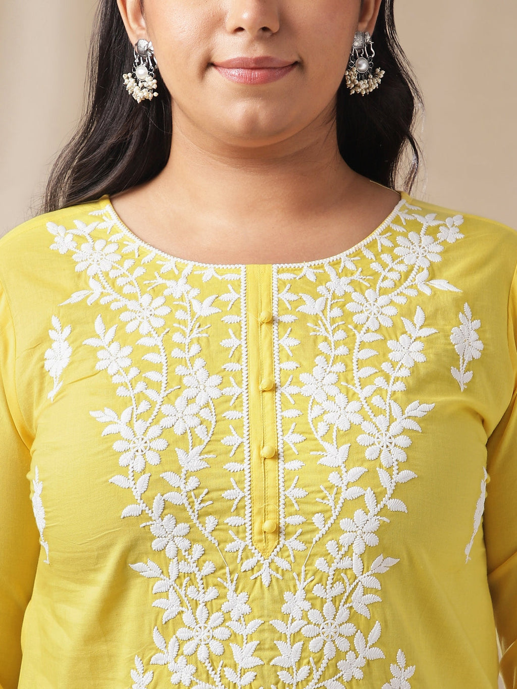 Janasya Regular N/A Yellow Embroidered Round Neck Tunic | Grocsy