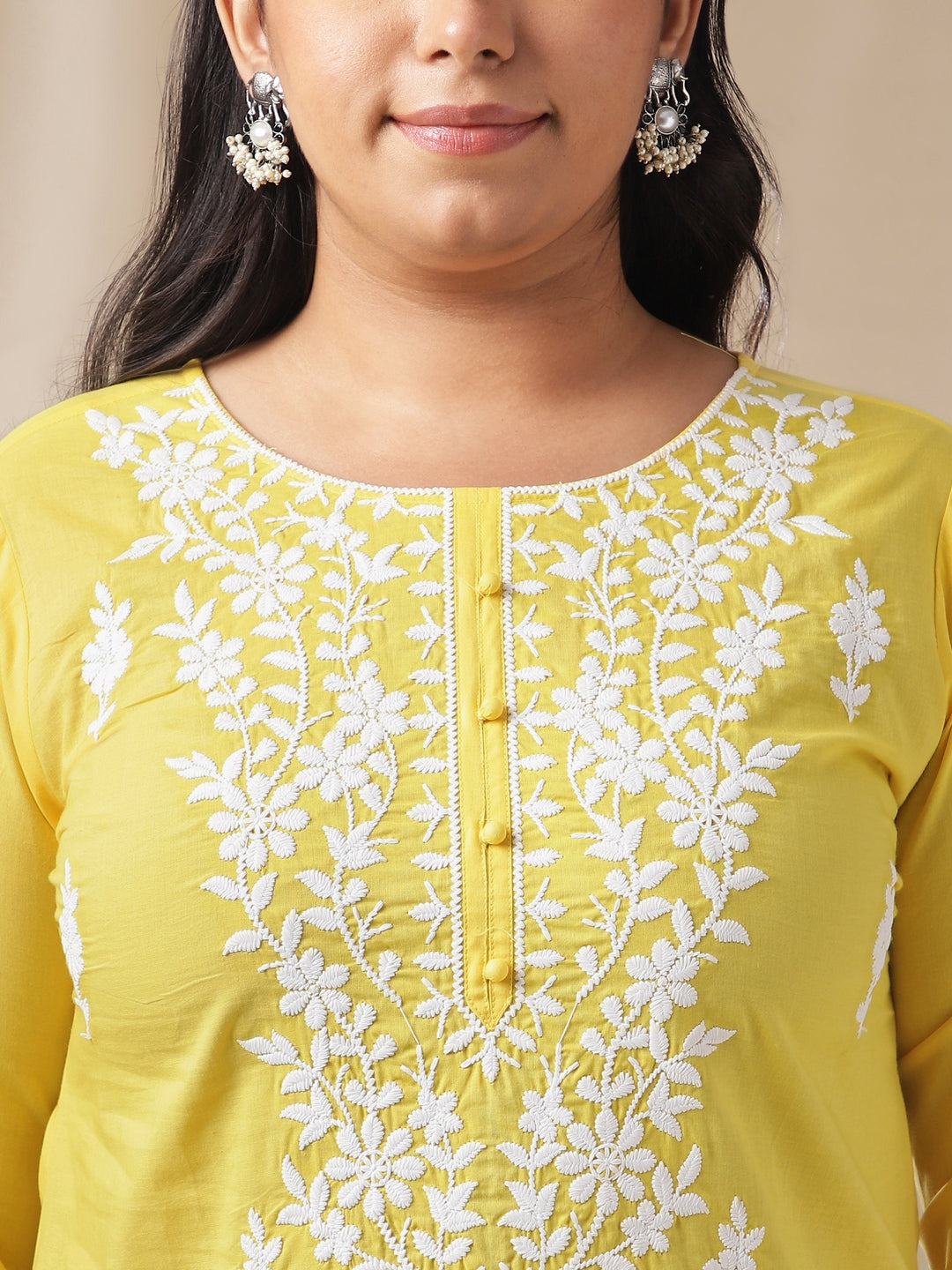 Janasya Regular N/A Yellow Embroidered Round Neck Tunic | Grocsy
