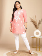 Janasya Regular Cambric Peach Embroidered Round Neck Tunic | Grocsy
