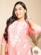 Janasya Regular Cambric Peach Embroidered Round Neck Tunic | Grocsy