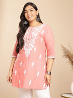 Janasya Regular Cambric Peach Embroidered Round Neck Tunic | Grocsy