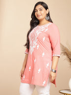 Janasya Regular Cambric Peach Embroidered Round Neck Tunic | Grocsy