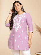 Janasya Straight Cambric Lavender Embroidered Round Neck Tunic | Grocsy