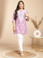 Janasya Straight Cambric Lavender Embroidered Round Neck Tunic | Grocsy