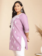 Janasya Straight Cambric Lavender Embroidered Round Neck Tunic | Grocsy