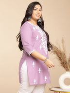 Janasya Straight Cambric Lavender Embroidered Round Neck Tunic | Grocsy