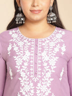 Janasya Straight Cambric Lavender Embroidered Round Neck Tunic | Grocsy