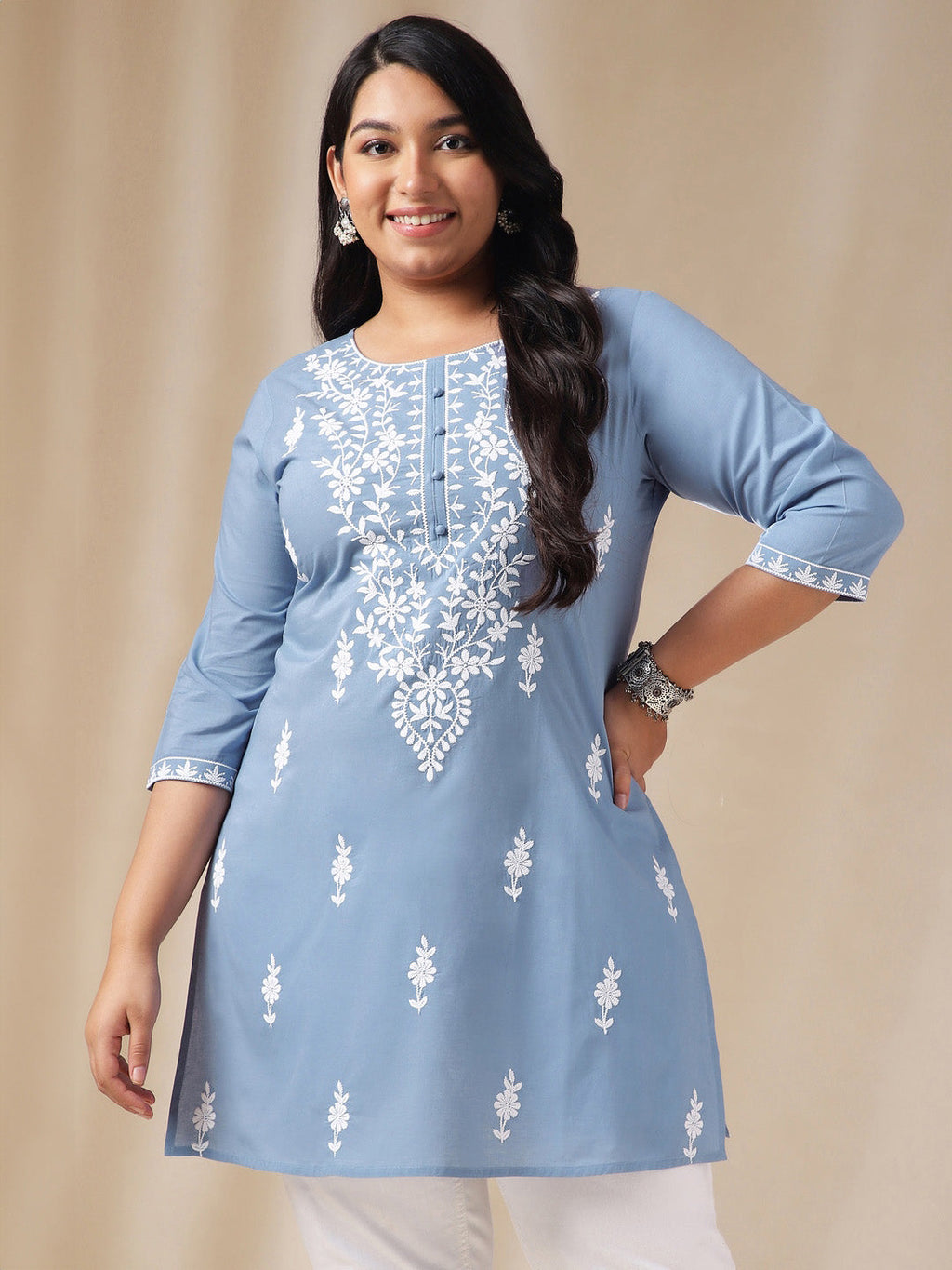 Janasya Regular Cambric Blue Embroidered Round Neck Tunic | Grocsy
