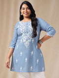 Janasya Regular Cambric Blue Embroidered Round Neck Tunic | Grocsy