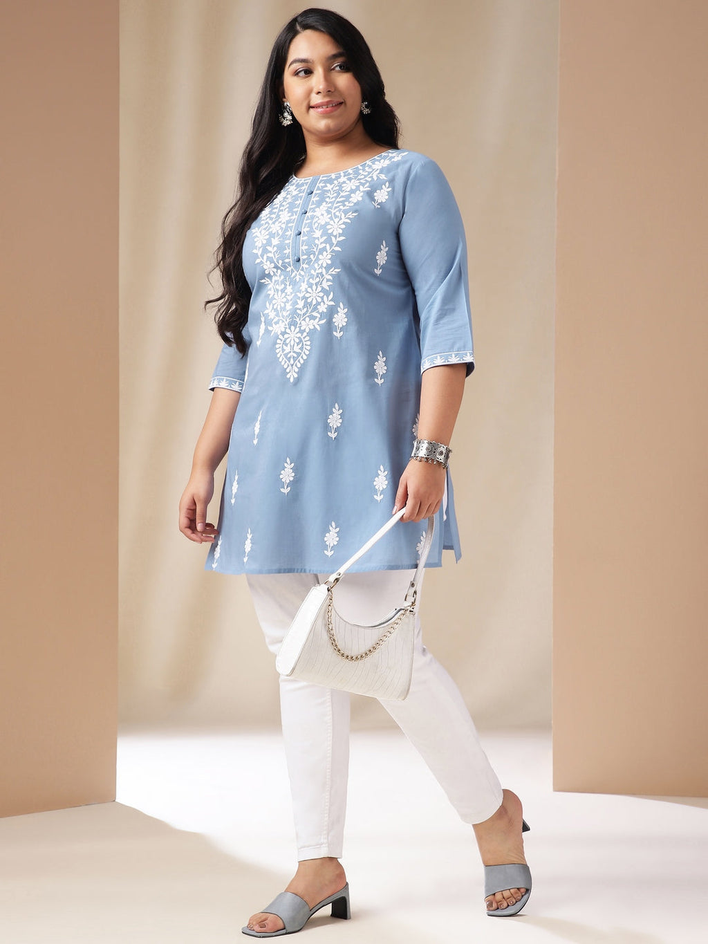 Janasya Regular Cambric Blue Embroidered Round Neck Tunic | Grocsy