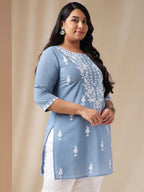 Janasya Regular Cambric Blue Embroidered Round Neck Tunic | Grocsy