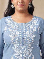 Janasya Regular Cambric Blue Embroidered Round Neck Tunic | Grocsy