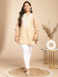 Janasya Straight Cambric Cream Embroidered Round Neck Tunic | Grocsy