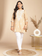 Janasya Straight Cambric Cream Embroidered Round Neck Tunic | Grocsy
