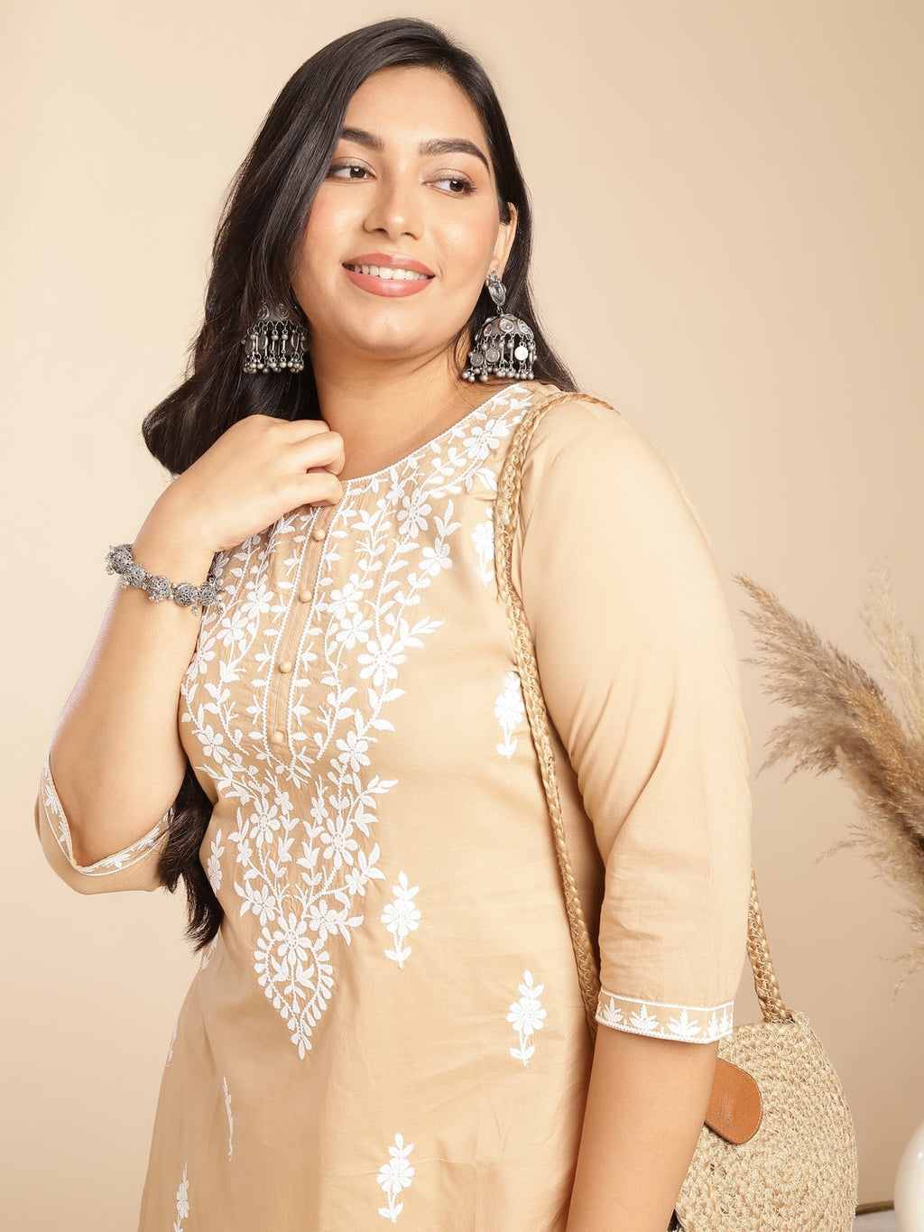 Janasya Straight Cambric Cream Embroidered Round Neck Tunic | Grocsy