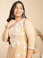 Janasya Straight Cambric Cream Embroidered Round Neck Tunic | Grocsy