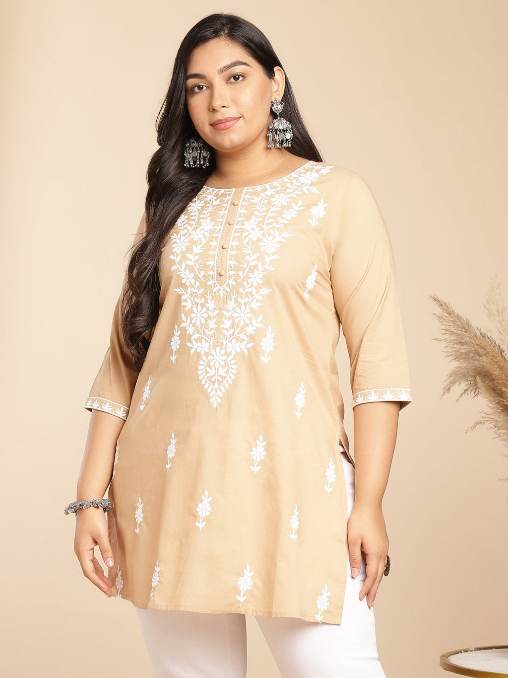Janasya Straight Cambric Cream Embroidered Round Neck Tunic | Grocsy