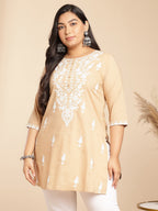 Janasya Straight Cambric Cream Embroidered Round Neck Tunic | Grocsy