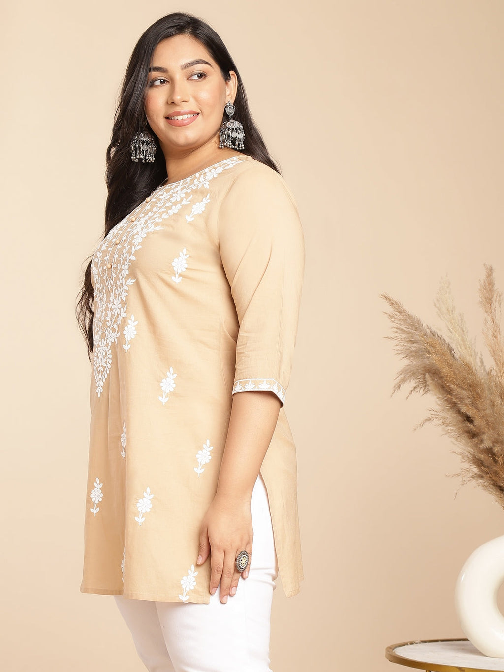 Janasya Straight Cambric Cream Embroidered Round Neck Tunic | Grocsy