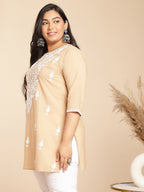 Janasya Straight Cambric Cream Embroidered Round Neck Tunic | Grocsy