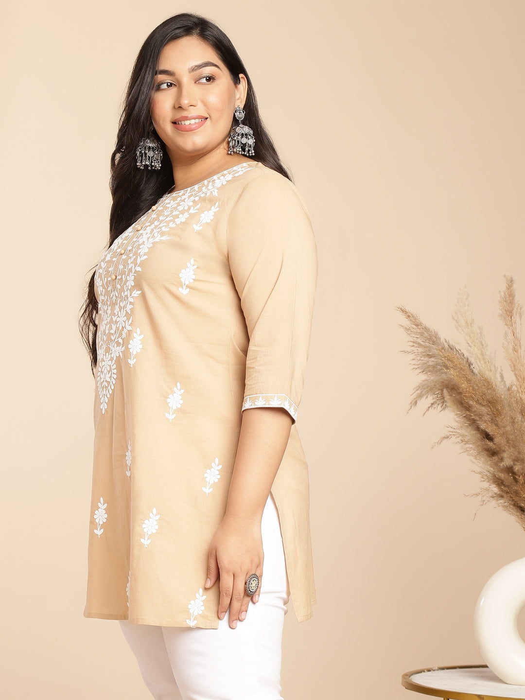 Janasya Straight Cambric Cream Embroidered Round Neck Tunic | Grocsy