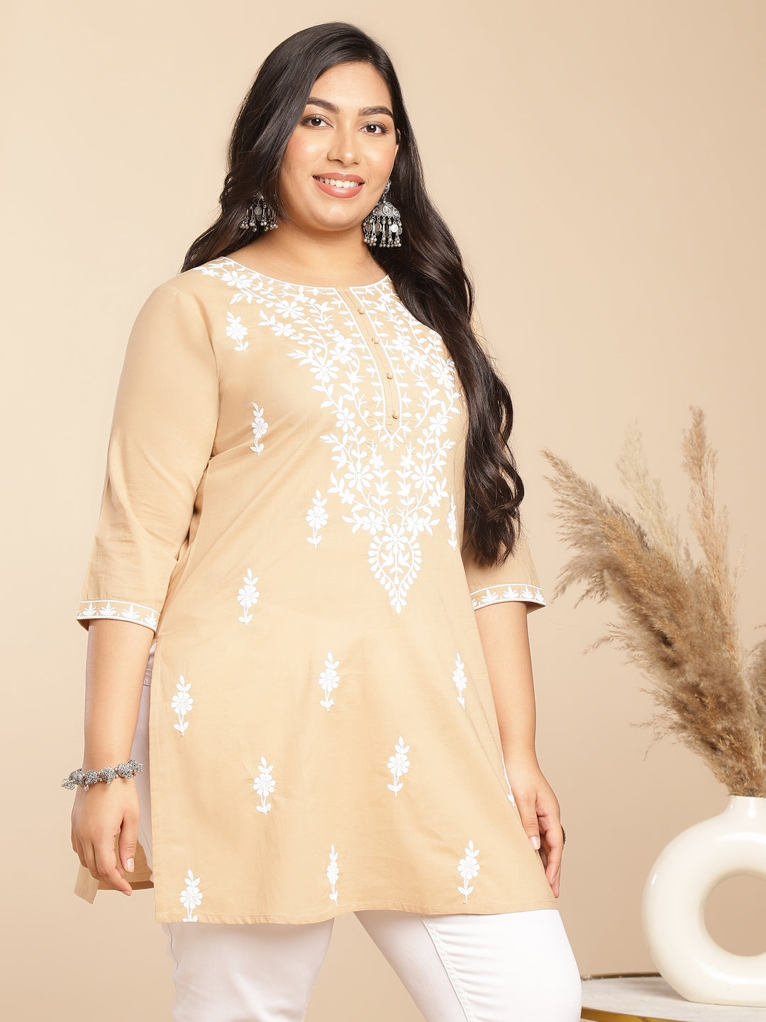 Janasya Straight Cambric Cream Embroidered Round Neck Tunic | Grocsy