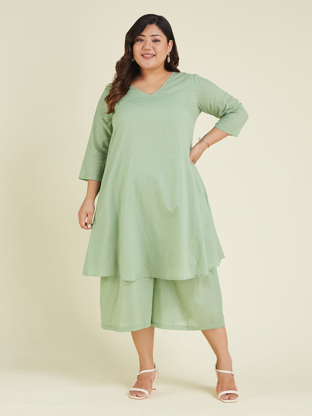Janasya Light Dobby Cotton Self Design A-Line Top & Bottom Set | Grocsy
