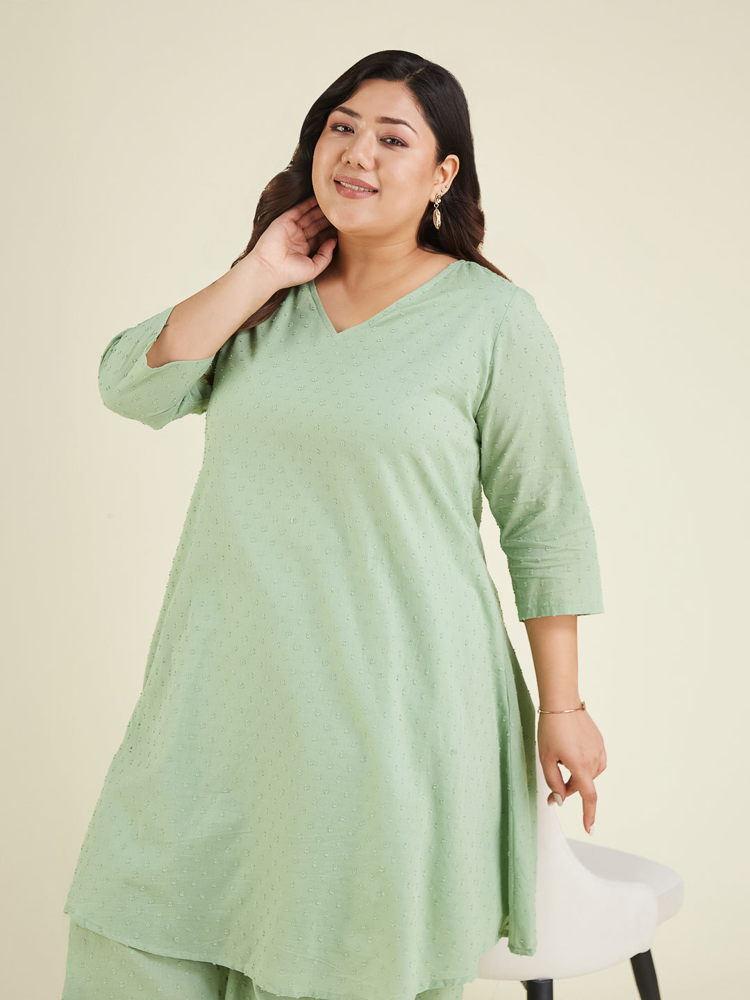 Janasya Light Dobby Cotton Self Design A-Line Top & Bottom Set | Grocsy