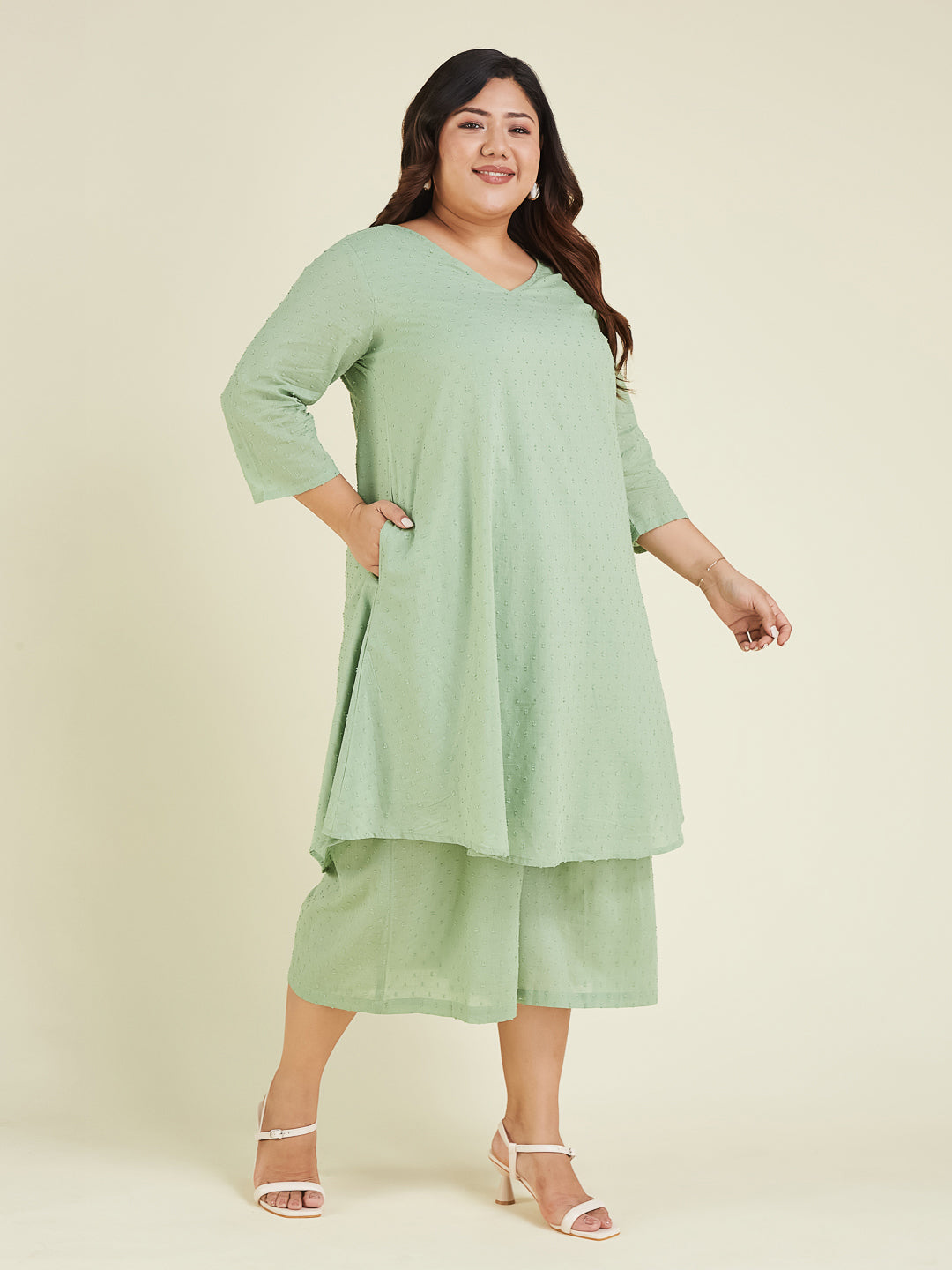 Janasya Light Dobby Cotton Self Design A-Line Top & Bottom Set | Grocsy