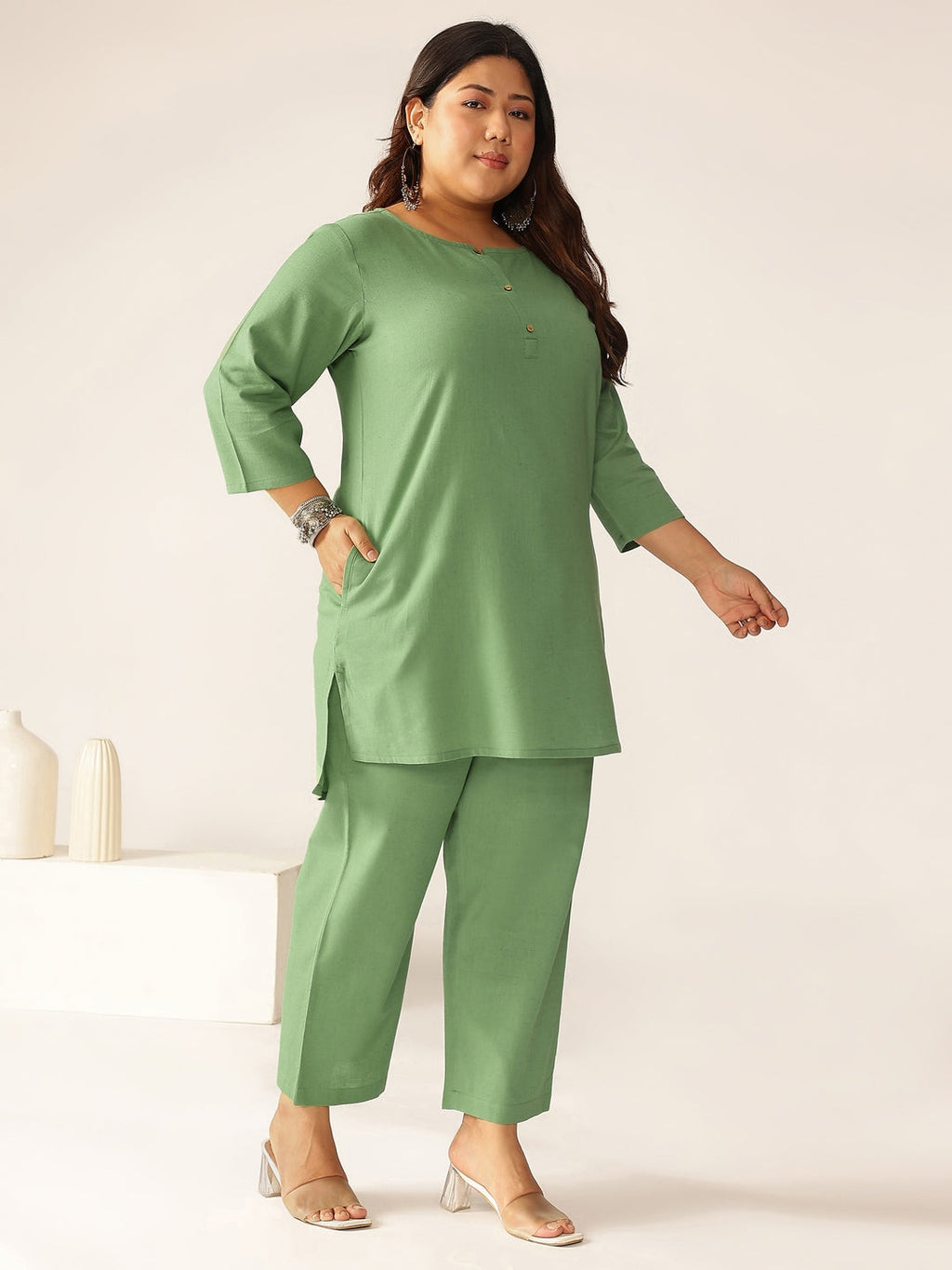 Janasya Dark Cotton Solid A-Line Top & Bottom Set | Grocsy